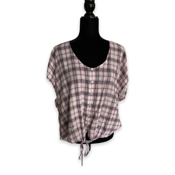 Torrid Womens Blouse 0 L 12 Berry Purple & Ivory Plaid Tie Front Midi Dolman NEW - Picture 4 of 7